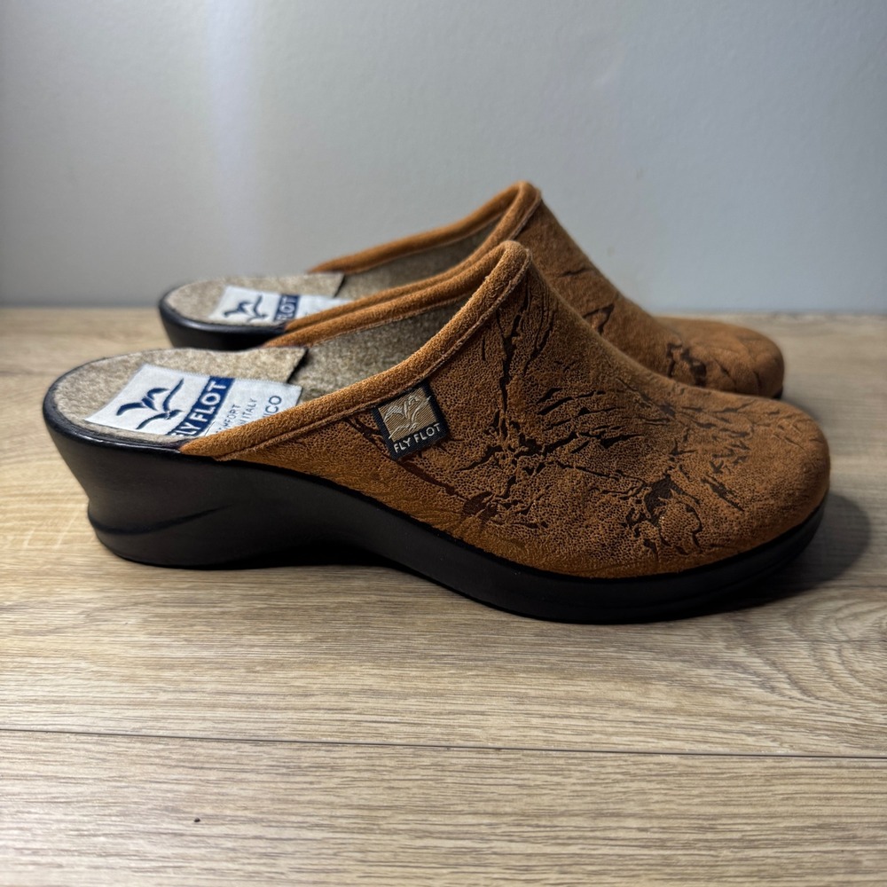 Fly Flot Comfort Clogs Womens 5.5 37 Brown Embossed Slip‎ On Italy Anatomic Mule